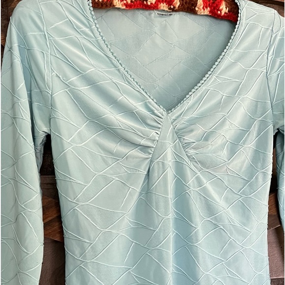 y2k Top Stretch Blouse Balletcore Fairycore Turquoise Teal Ruched Sexy - Picture 8 of 14